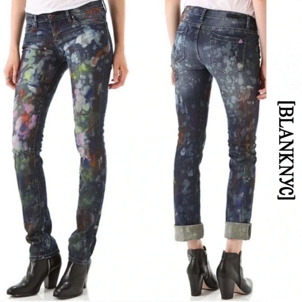 BlankNYC Hand Painted 'Crazy Legs' Splatter Design Slim Straight Leg Jeans - Picture 1 of 16